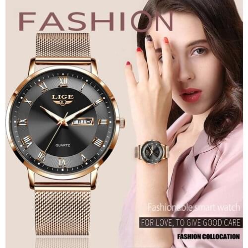 New LIGE Watch for Women Quartz Watches Fashion Rose Gold Bracelet Woman Ultra Thin Wristwatch Waterproof Relogio Feminino Reloj