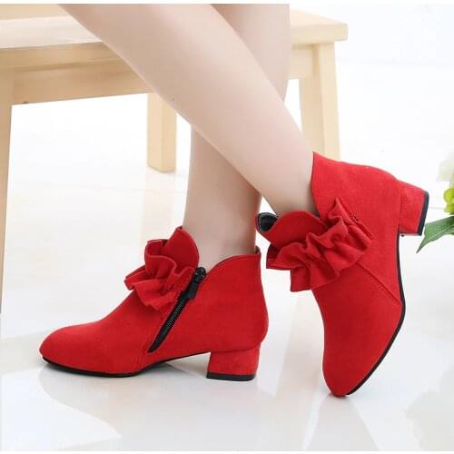 2020 New Fashion High Heel Kids Shoes For Girls Flower Autumn Leather Boots Ankle Kids Boots 4 5 6 7 8 9 10 11 12 Year Old