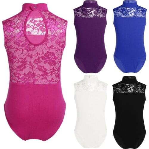 Childrens Sleeveless Turtle Neck Splice Lace Ballet Gymnastics Leotard Bodysuit Turnpakje For Girls Ballet Tutu Dance Wear