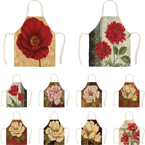 Antique Rose Pattern Kitchen Aprons for Woman Man Home Cooking Baking Shop Cleaning Cotton Linen Apron WQA17