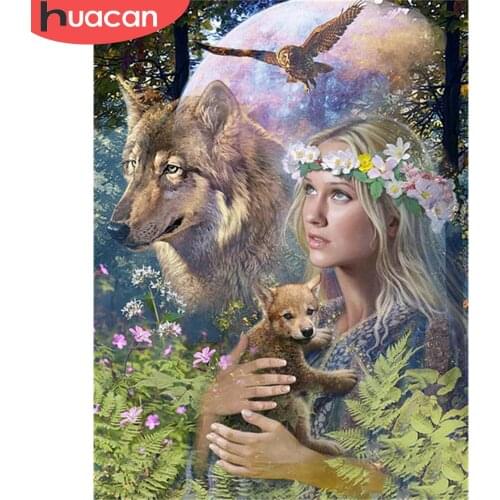 HUACAN DIY Diamond Painting Wolf Girl 5D Full Drill Square Diamond Embroidery Animal Mosaic Cross Stitch Home Decor