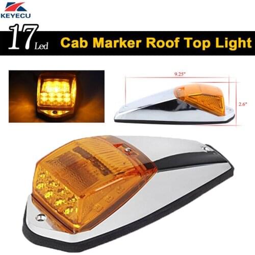KEYECU 1Pack 17LED Amber Roof Light Chrome Cab Marker Clearance Roof Running Top Light Assembly for Heavy Duty Trucks Peterbilt