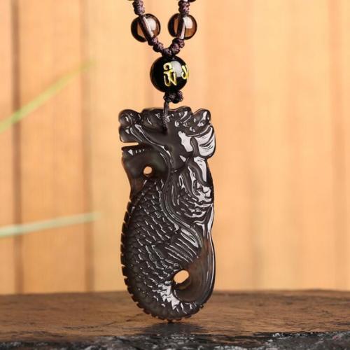 Koraba Fine Jewelry Natural Color Obsidian Hand-carved Dragon Fish Pendant Necklace + Beads Necklace Free Shipping