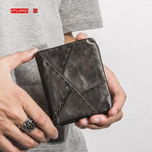 Handmade Leather Wallet Mens Short Section Vertical Zipper Purse Personality Male card holder Wallet Sheepskin Youth Tide Clip