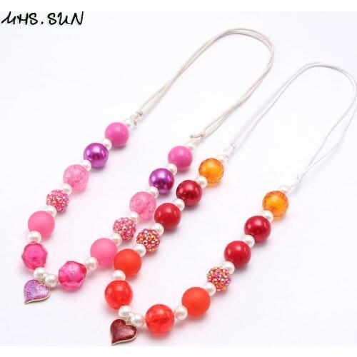 MHS.SUN New Cute Heart Pendants Girls Chunky Beads Necklace Adjustable Rope Kids Baby Bubblegum Necklace Choker Jewelry 1PC Gift