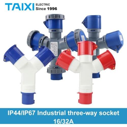 Multi-functional Industrial 3 Pin 16A 32A Inpute 1 Plug Output 3 socket IP67 Waterproof Dustproof IP44 three-way Plug Socket