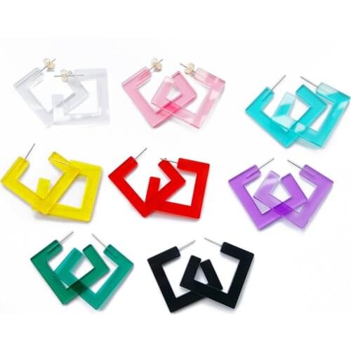 New Fashion 9 Colors Cute Geometric Square Hoop Earrings For Girl Open Square transparent Acrylic Earrings women Party E18100
