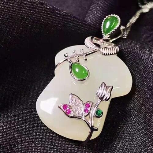 Natural Hetian white jade S925 inlaid with rich clothes and food jade pendants