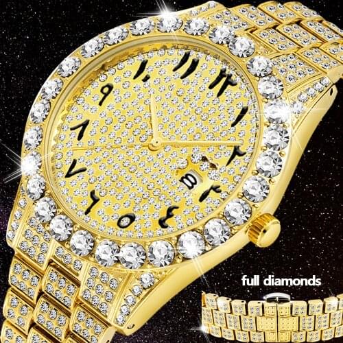 Luxury 18K Gold Watch For Men Full Diamond Wristwatch Waterproof Male Clock Hip Hop Iced Out Quartz Mens Watches Arabic Relogio