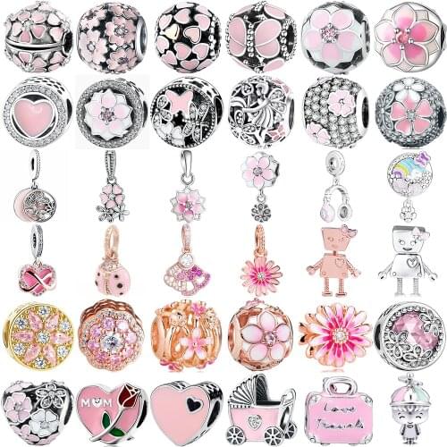 Silver Charm 925 Sterling Silver Ladybug infinity footprint Beads Pink Clear CZ Charms Fit Original Silver 925 Bracelet Jewelry