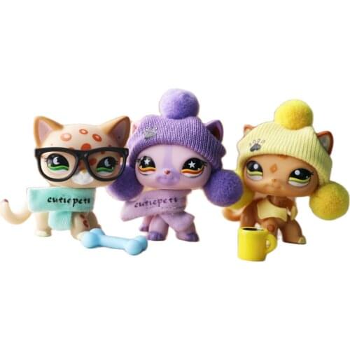 Pet Shop Short Hair Cat With Cute Hats Skirt Drink Bone Scarfs Glasses Accessories Collection Kids Gift