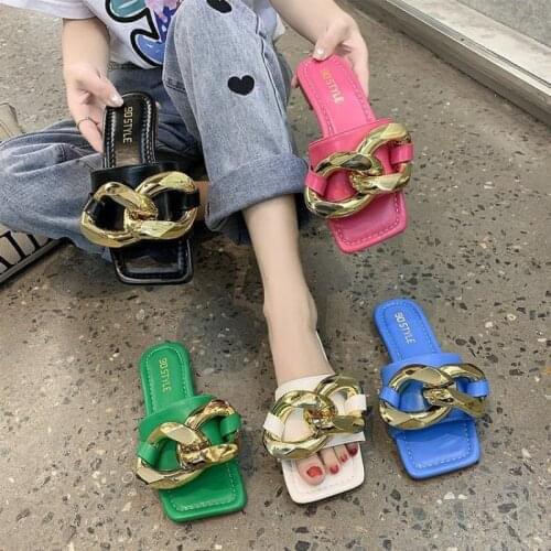 Slippers Women Summer New Metal Chain Open Toe Flat Sandals Fashion Trend Flips Flops Female Outdoor Casual Beach Shoes