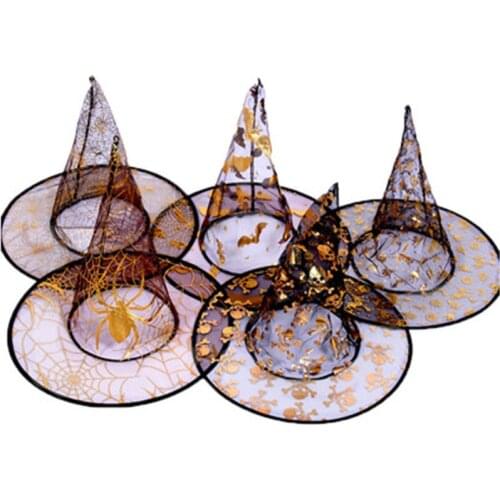Wicked Witch Hat Kids Halloween Cap Gold Patterned Fancy Party Hats Halloween Hat Headwear Accessory Costume Cosplay Hat