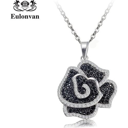 Eulonvan 925 Sterling Silver Black Flower Chain Necklaces & Pendants For Women Fashion Female Jewelry Accessories Collier S3791