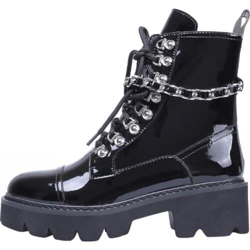 Moraima Snc Punk Style Riding Boots Woman Round Toe Patent Leather Ankle Boots Chains Decorations Lace-up Motorcycle Boots Black