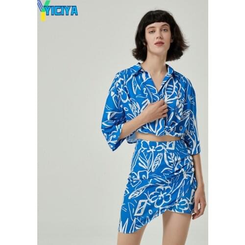 Summer 2021 Two Piece Set Women Skirt Cropped Shirt & Pleated Mini Skirt Casual Fashion Dress Sets Womens Outfits Ensemble Femme