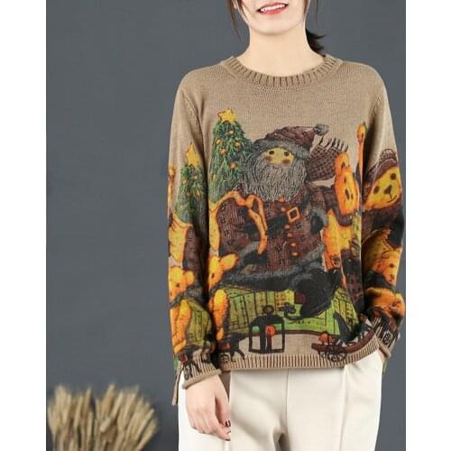 Santa Claus Bear Printed Pattern Women Sweater Loose Thin Outerwear Harajuku Cartoon Bottoming Pullovers Knitted Tops Femme Pull