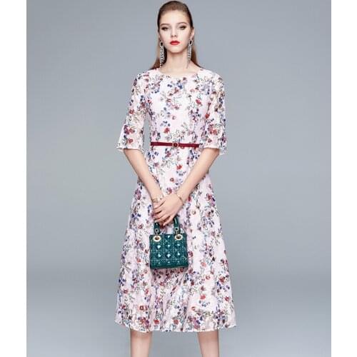 Lace Long Flower embroidery Half Flare Sleeve Dress Women Elegant Vintage Office Party Fashion Beach Dress Clothing Sashes Midi