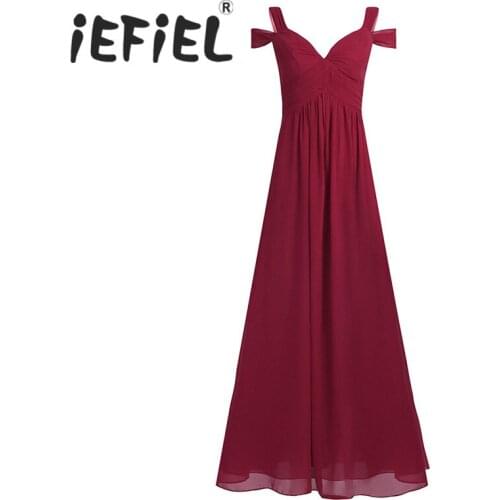 IEFiEL Women Ladies Chiffon Maxi Full Length Dress Off-The-Shoulder Side Split Bridesmaid Wedding Summer Prom Formal Party Dress