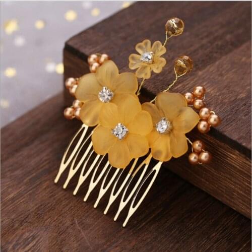 Gold White Flower Pearls Wedding Prom Party Hair Comb Bridal Headpieces Hair Jewelry Accessories Bridesmaids Women