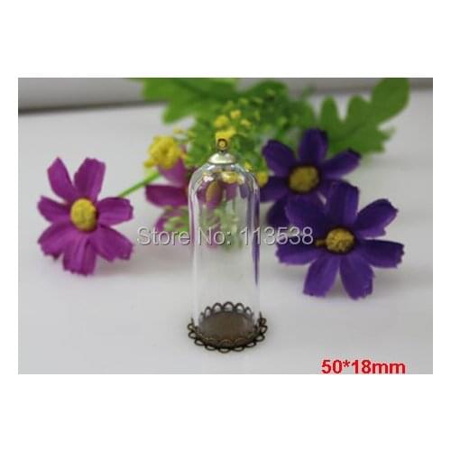 20sets/lot 50*18mm glass globe bronze 18mm double lace setting base 6mm cap glass vials pendant hollow glass pendant glass dome