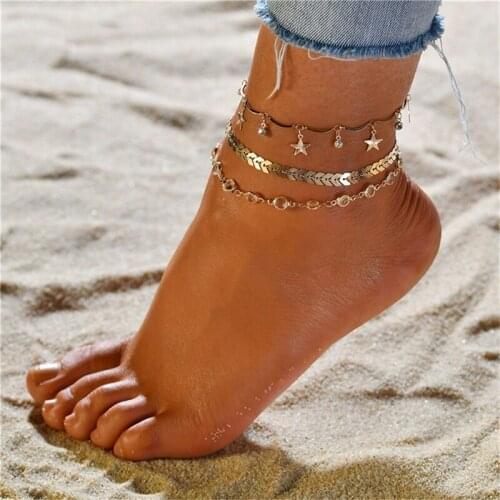 3pcs/set Gold Color Chain Sequins Star Anklets For Women Beach Foot Jewelry Leg Chain Ankle Bracelets Women Accessories