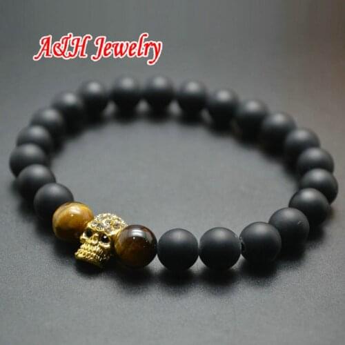 10pcs Gold Color Rhinestone Paved On Skull Head Beads Black 8mm Matte Surface 7.5'' Fashion Men and Women Bracelet