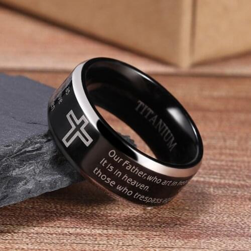 Tigrade Black Ring for Man Woman Titanium Bible Verse Cross Jesus Ring 8mm Wide English Unisex Christian Ring Religious Size5-15