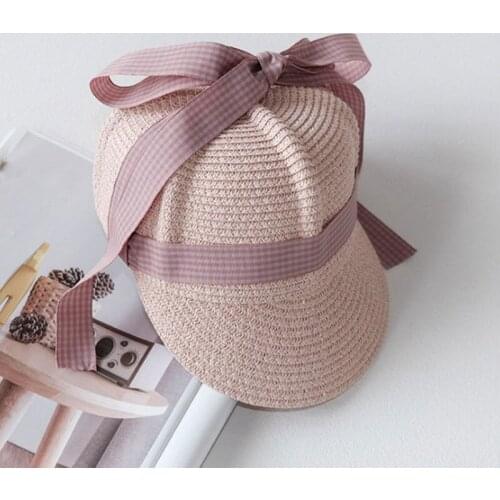New Summer Kids Straw Hat Lacing Bow Children Baseball Cap Outdoor Lattice Baby Girl Boy Beach Sun Hat