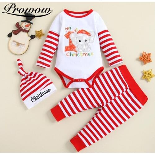 Prowow My First Baby Girl Christmas Costume Striped Baby Bobysuit+Pant Set Festival Newborn Girls Clothing Cartoon Kids Clothes