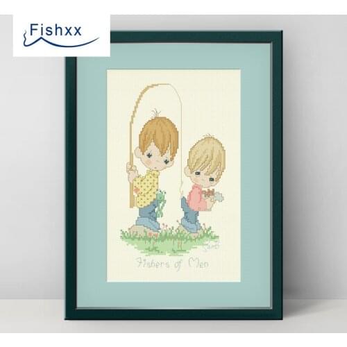 Fishxx Cross Stitch 14CT Kit European Style ChildrenS Bedroom Paintings H062 The Fishing Boy Hooked The Pants