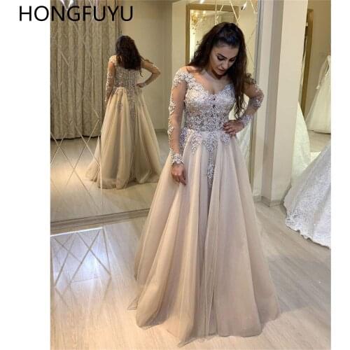 HONGFUYU V-neck Long Sleeves Prom Dresses Sexy A-line Appliques Lace Formal Evening Party Gowns Abendkleider Custom Made Robe