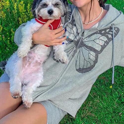 Kawaii Butterfly Graphic Cotton Black Y2K Oversized Hoodies Women 2020 Zip Up Long Sleeve Sweatshirts Streetwear Gray Top Autumn