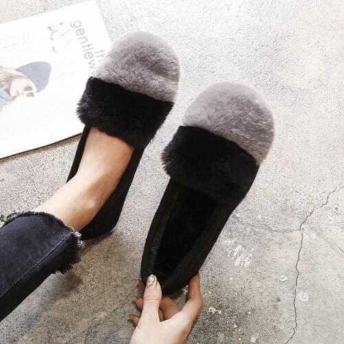 Mixed color rabbit fur loafers women round toe flock plush flats cozy plush creepers women winter furry mocassin homme 470