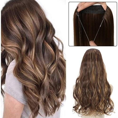 No Clip Halo Hair Extensions Long Wavy Ombre Secret Wire Hair Adjustable Transparent Wire One Piece Fish Line Fake HairPieces