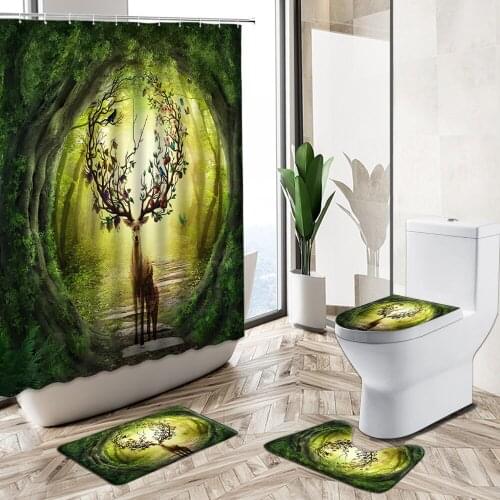 Natural Forest Green Plant Waterproof Shower Curtain Set Elk Animal Spring Scenery Bathroom Non-Slip Rug Toilet Cover Bath Mat