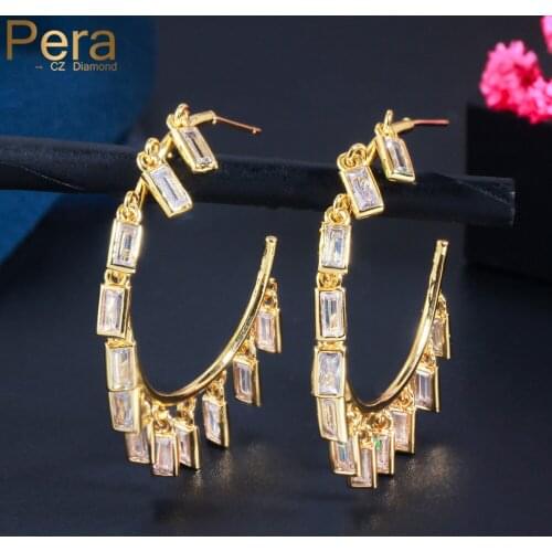 Pera Trendy Large Circle Round Shape Sparkling Cubic Zirconia Dangle Geometry CZ Party Hoop Earrings for Women Boho Jewelry E670