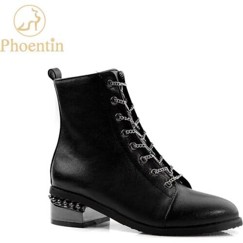 Phoentin chain up ankle boots punk women 2019 PU leather mid heels shoes female side zipper closure round toe large size FT777