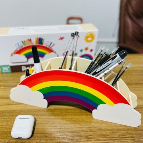 Colorful Rainbow Solid Wood Stationery Pen Pencil Holder 6 Compartments Makeup Brush Caddy Desk Organizer Kids Student Gift