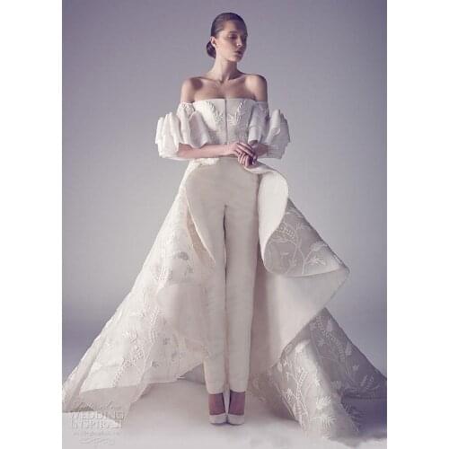 Off Shoulder Ivory Jumpsuits Prom Dresses Applique Ruffles Plus Size Evening Gowns Bride Pants Suits