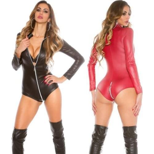 Sexy Lingerie Womens Black Faux Leather Gothic Catsuit Jumpsuit Clubwear Costume playsuit 6714