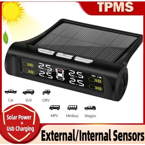 Car TPMS Tire Pressure Monitoring System Smart Solar Power Digital TMPS LCD Display USB Auto Security with 4 Sensors