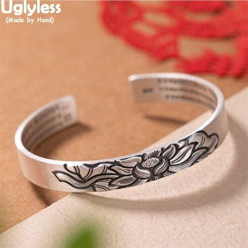 Uglyless Solid 999 Pure Silver 10MM Wide Bangles for Women Handmade Blooming Lotus Bangles Heart Sutra Buddhistic Jewelry Gift