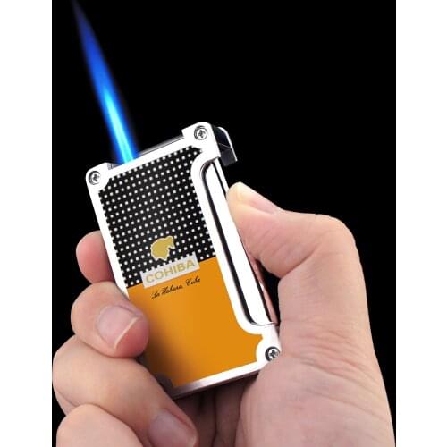 COHIBA Cigar Lighter Torch Jet Blue Flame Refillable Butane Gas Lighter with Cigar Punch Cigar Accessories for Gift Box