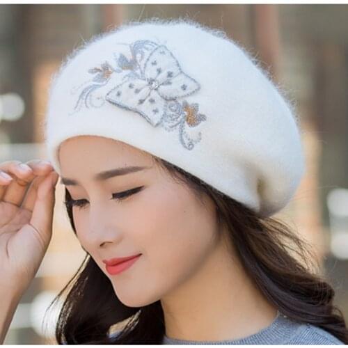 Women Angora Hat Winter Knit Beret Beanie Warm Double Layers Soft Casual Stretchy Outdoor Headwear Ski Accessory