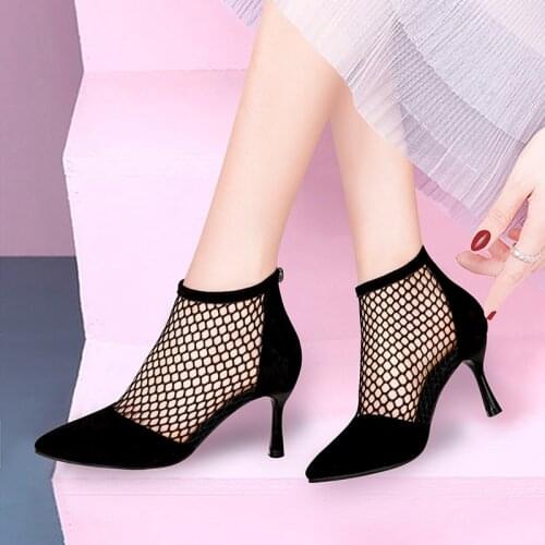 2021 New Summer Women High Heels Sexy Fishnet Ankle Heels Suede Heels Pointed Toe Thin Heels Sandals Women Casual Shoes