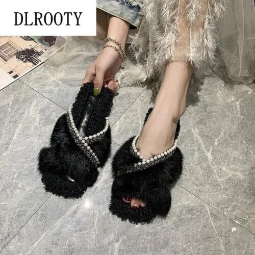 Women Slippers Flips Flops Winter Warm Fur Shoes Woman Fashion String Bead Platform Female Slides Flats Comfortable