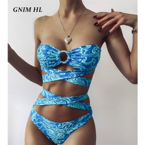 GNIM Sexy Bandage Bikini Set 2021 Bandeau Swimsuit Women 2 Piece Wave Print Swimwear High Cut Backless Swimming Suit Biquini New