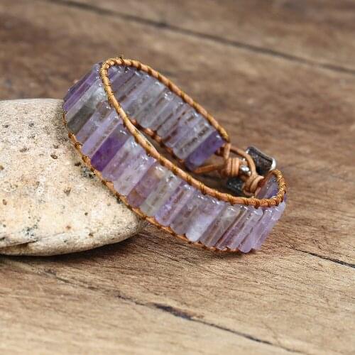 Cylindrical Amethyst Braided Leather Bracelet for Women Bohemia Strand Wrap Charm Cuff Bracelet Handmade Jewelry