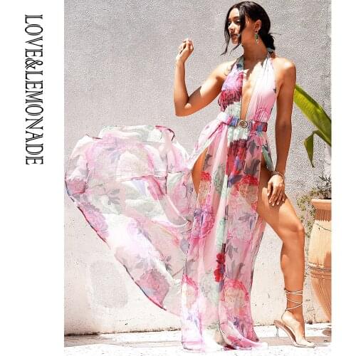 LOVE&LEMONADE Sexy V-Neck Big Backless A-Line Split Pink Flower Print Chiffon Beach Maxi Dress LM83488